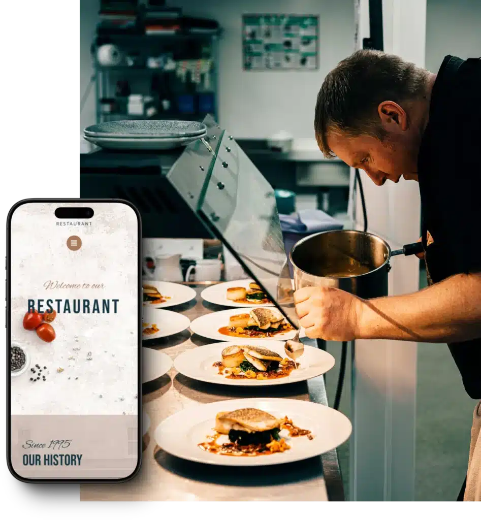 Chef restaurateur et son site internet WordPress sur téléphone